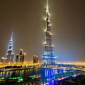 Burj Khalifa at night with robots and spaceships