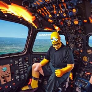 Homer Simpson inside a helicopter that is on fire with flames everywhere photography by abby winters