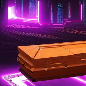 a coffin floating through a cyberpunk digital environment in a cipherpunk style