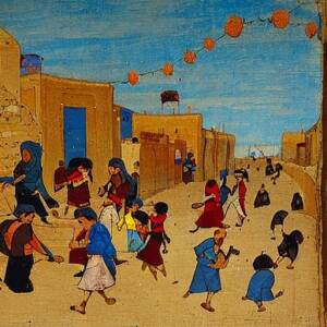 kids playing in the street in Iraq as painted in the 14th century by Rashid-ad-Din's Gami' at-tawarih
