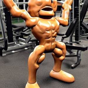 An anthropomorphic dietary protein bar with human arms lifting weights at a gym