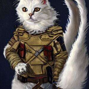 painting in the style of Dave Dorman of a big white fluffy cat in body armor in Iraq