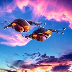 giant cyberpunk snails flying through the evening sky with sunset lit clouds 90mm