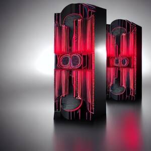 giant stylized speakers creating huge sound waves cartoon cyberpunk noir