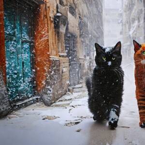 An orange cat and a black cat walking together toward the camera in a snow storm falling on a middle-eastern city street in ruins from war