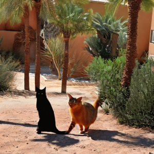 An orange cat and an all black cat walking together toward the camera in a desert yard with date palms
