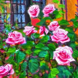 roses blooming in a sunny urban back yard in an impressionist style