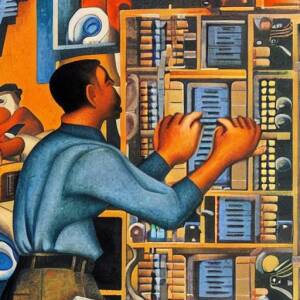 Heroic IT guy checking an array of hard disks in the style of a mexican mural by Diego Rivera