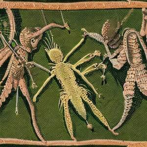 green lacewings in armor attacking monster like persea mites in the style of a medieval tapestry