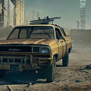 a distant yellow 1976 GMC 4 door suburban with weapons attached to it in a mad max wasteland in a cyberpunk dystopian style