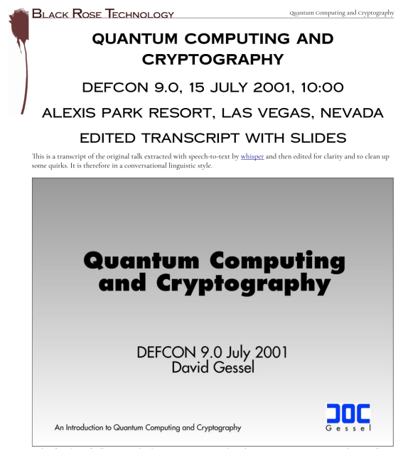 Quantum Computing and Cryptography Defcon 9.0, 15 July 2001, 10:00 Alexis Park Resort, Las Vegas, Nevada Edited transcript with slides