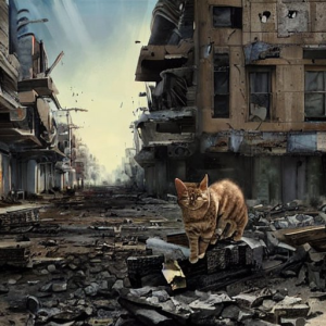 cats in body armor prowling a destroyed city in dystopian futuristic street view