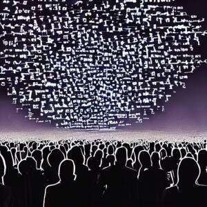 evil glowing black cloud ominously sucking data out of a crowd of people