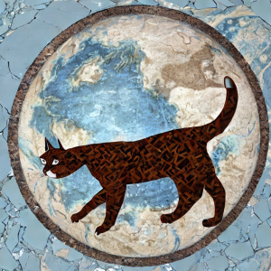 giant cat walking on the pale blue marble earth as seen from space in an ancient greek mosiac