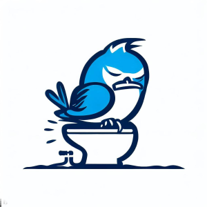 The blue bird from the thunderbird logo sitting on a toilet straining to poop