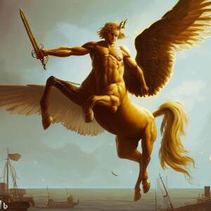 a centaur with a mans head and torso and golden wings and a horse body and holding a sword high flying over a harbor