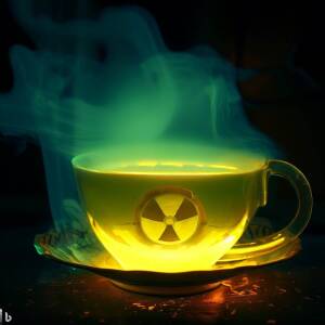 a tea cup filled with radioactive tea that is glowing ominiously