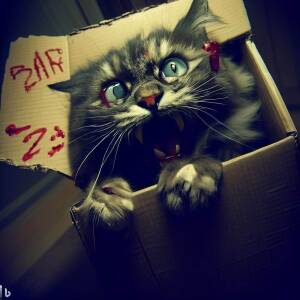 zombie cat in a box about to eat brainz