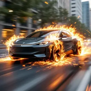 A speeding EV on fire blasting down a street after being hacked by an AI bot, as rendered by an AI generative model