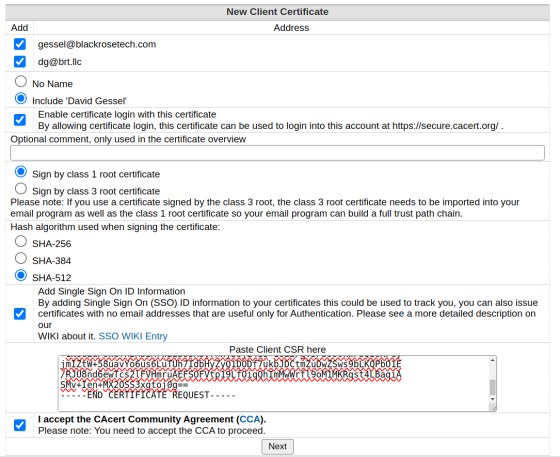 CACert New Client Certificate Request