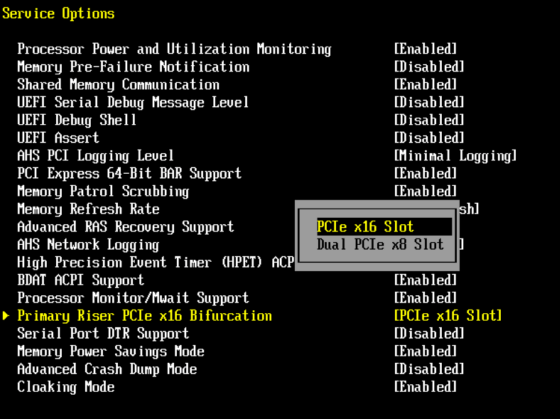 PCIE bifurcation DL360 service menu dual x8