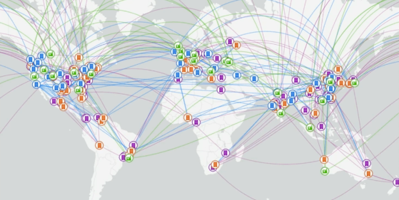 Global supply chain example on a world map.